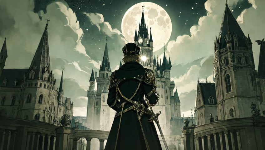 1boy, adetailer, aha_(style), anireality, architecture, black_coat, black_headwear, building