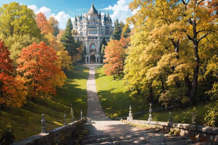 adetailer, aha_(style), anireality, architecture, autumn, autumn_leaves, blue_sky, bridge