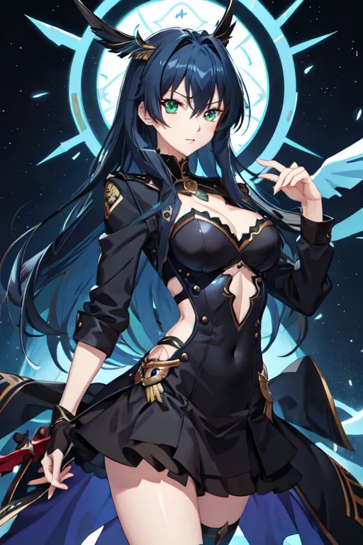 1girl, artist_request, aura, bad_hands, bangs, black_dress, blue_hair, breasts