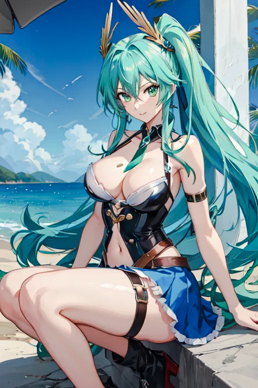 1girl, arm_belt, arm_support, bad_source, bangs, bare_shoulders, beach, belt