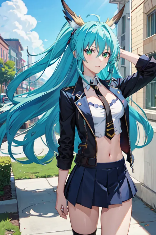 1girl, bad_source, blue_skirt, blue_sky, crop_top, green_eyes, green_hair, high_school_dxd_valkyrie, kaily_freya, long_hair, lowres, metadata_request, midriff, navel, necktie, outdoors, skirt, sky, solo, valkyrie_light, valkyriedxd