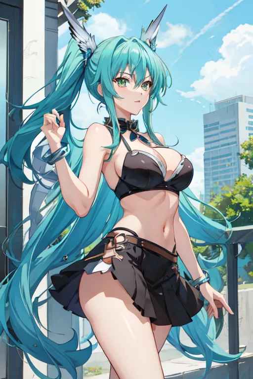 1girl, aqua_hair, bad_source, bangs, bare_shoulders, black_bra, black_skirt, bra, closed_mouth, cloud, cowboy_shot, day, green_eyes, hair_between_eyes, hand_up, head_wings, high_school_dxd_valkyrie, kaily_freya, long_hair, looking_at_viewer, lowres, midriff, miniskirt, navel, outdoors, pleated_skirt, sidelocks, skirt, solo, standing, underwear, upskirt, valkyrie_light, valkyriedxd, very_long_hair