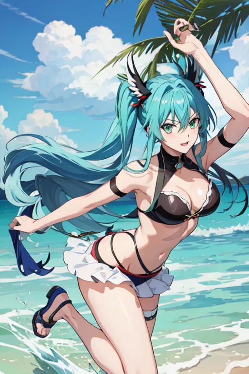 1girl, bad_hands, bad_source, beach, bikini, bikini_skirt, black_bikini, blue_hair
