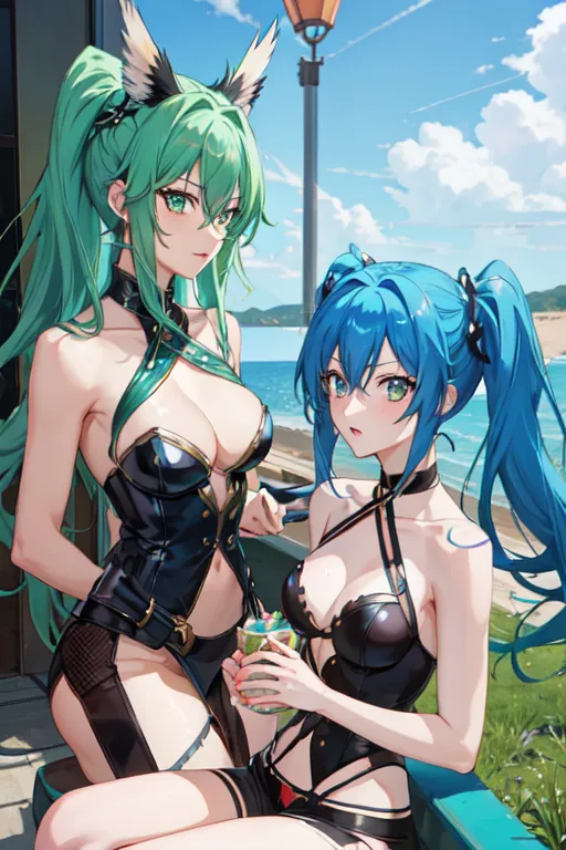 2girls, bad_source, bare_shoulders, beach, blue_hair, blue_skirt, blue_sky, breasts