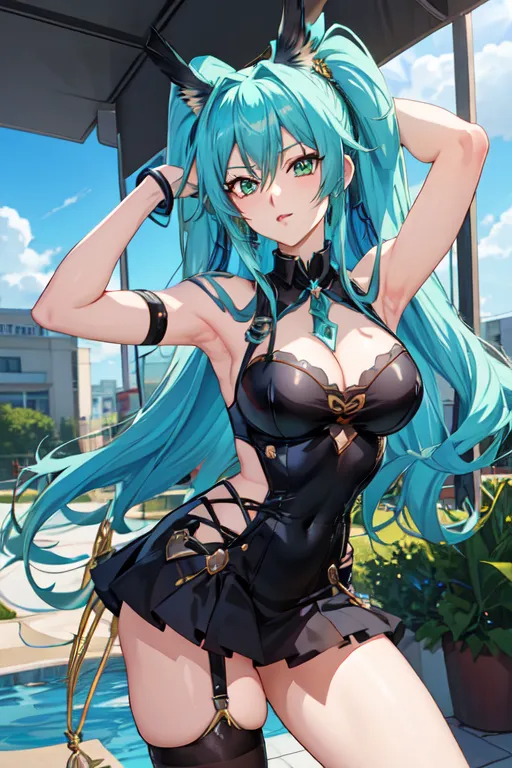 1girl, animal_ears, aqua_hair, arm_strap, armpits, arms_up, bad_source, bangs