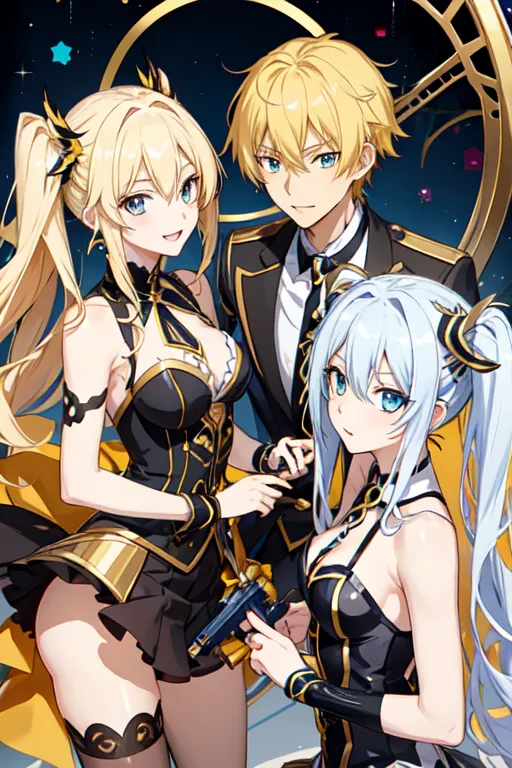 1boy, 2girls, bad_source, black_jacket, blonde_hair, blue_eyes, diane_yue, esther_freya, high_school_dxd_valkyrie, jacket, lowres, metadata_request, model_request, multiple_girls, nexus_yumeru, simple_background, star_(sky), twintails, valkyriedxd