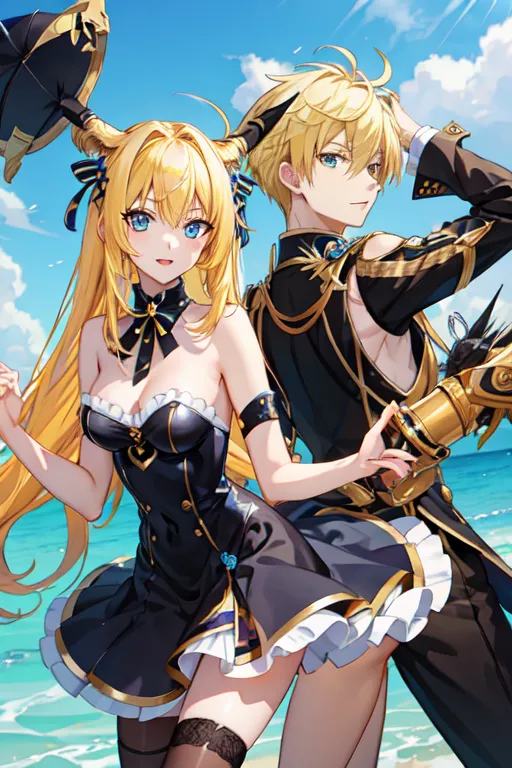 1boy, 1girl, arm_up, bad_source, bangs, bare_shoulders, beach, black_dress, black_jacket, black_pants, blonde_hair, blue_eyes, blush, breasts, brown_thighhighs, cleavage, closed_mouth, cloud, cowboy_shot, day, dress, error, esther_freya, frilled_dress, frills, hair_between_eyes, hair_intakes, hand_in_own_hair, hand_on_own_head, high_school_dxd_valkyrie, jacket, long_hair, long_sleeves, lowres, medium_breasts, metadata_request, model_request, nexus_yumeru, ocean, open_mouth, outdoors, pants, short_dress, short_hair, standing, strapless, strapless_dress, thighhighs, valkyriedxd, water