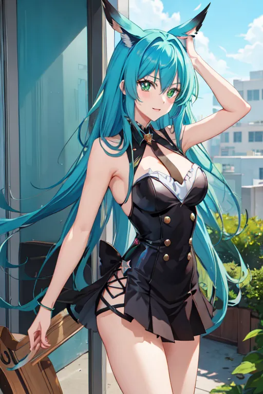 1girl, animal_ears, arm_up, bad_source, bare_shoulders, black_dress, blue_hair, breasts