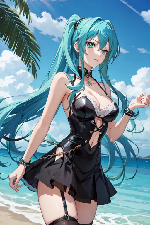 1girl, animal_ears, arm_up, bad_source, bare_shoulders, beach, black_dress, blue_hair