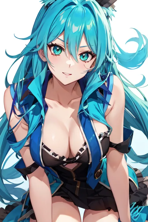 1girl, animal_ears, aqua_eyes, breasts, cleavage, collarbone, hair_between_eyes, hair_intakes