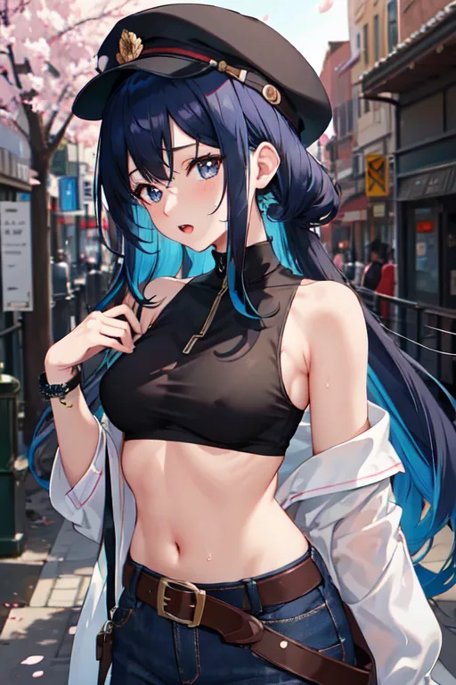 1girl, bad_source, bare_shoulders, belt, blue_archive, blue_eyes, breasts, crop_top
