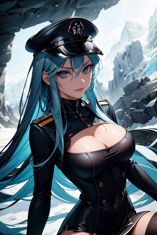 1girl, akame_ga_kill!, bad_source, bare_shoulders, black_headwear, blue_eyes, breasts, cleavage, esdeath, hat, long_hair, lowres, military, military_hat, military_uniform, peaked_cap, sakushimix, solo, uniform, valkyriedxd