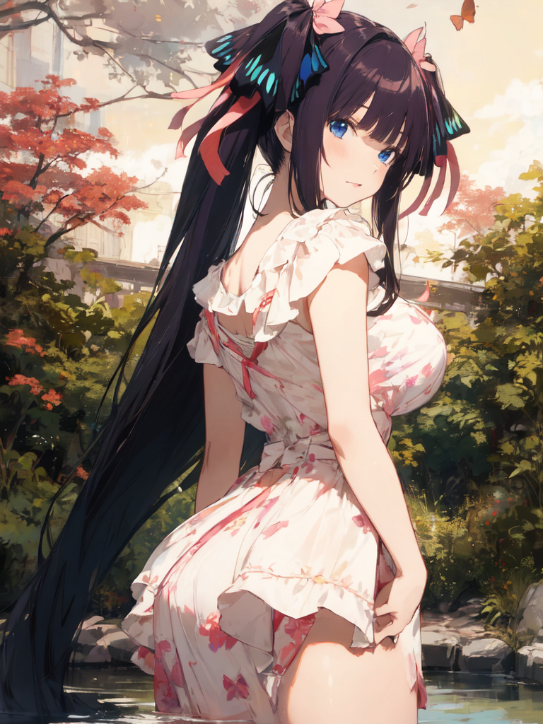 1girl, bad_source, bangs, blue_eyes, blush, breasts, butterfly_hair_ornament, dress, go-toubun_no_hanayome, hair_ornament, high_school_dxd, himejima_akeno, long_hair, looking_at_viewer, looking_back, metadata_request, model_request, nakano_nino, ribbon, solo, valkyriedxd, very_long_hair, white_dress