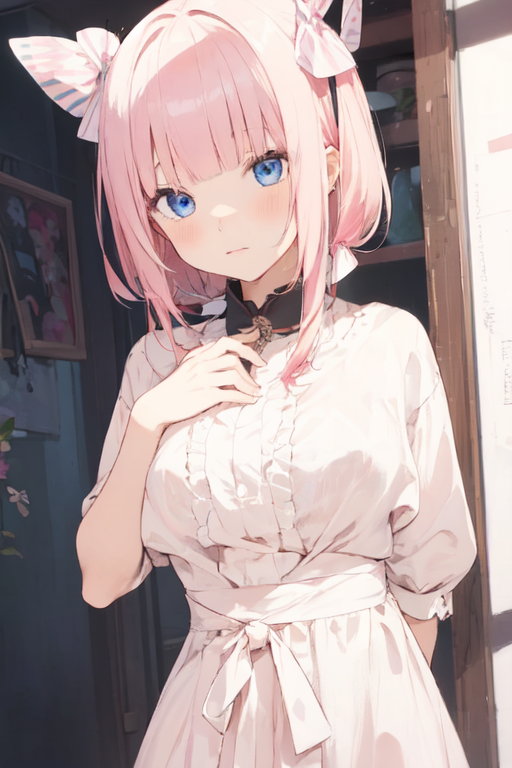 1girl, bad_source, bangs, blue_eyes, blunt_bangs, blush, dress, floral_print