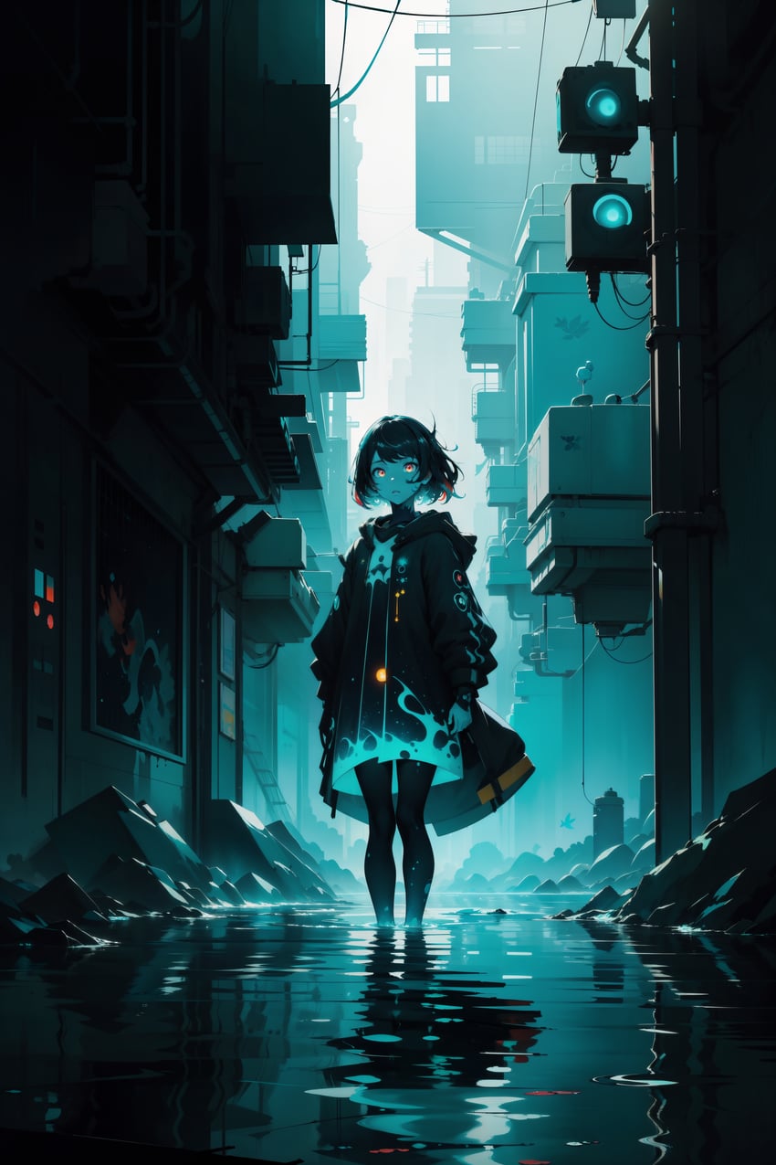 1girl, absurdres, alley, aqua_theme, arms_at_sides, bangs, black_hair, black_jacket