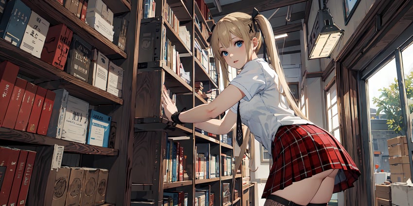 1girl, absurdres, black_ribbon, blonde_hair, blue_eyes, book, bookshelf, dead_or_alive, hair_ribbon, highres, incredibly_absurdres, indoors, long_hair, looking_at_viewer, lora, marie_rose, model_request, newid122, plaid, plaid_skirt, red_skirt, ribbon, school_uniform, shirt, skirt, solo, thighhighs, twintails, white_shirt