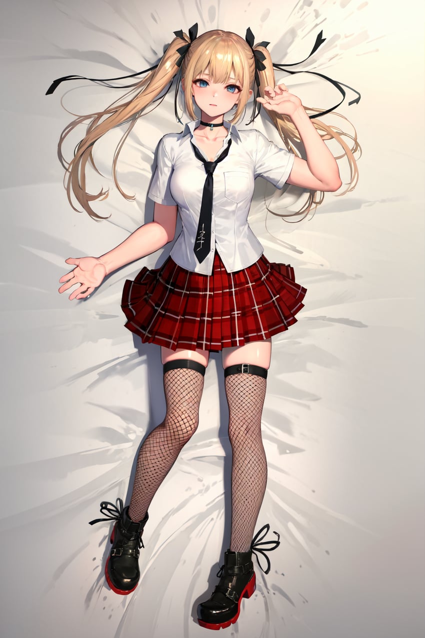 1girl, black_ribbon, blonde_hair, blue_eyes, controlnet, dead_or_alive, fishnet_thighhighs, fishnets