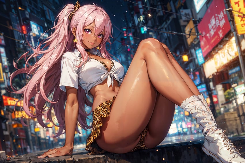 1girl, animal_print, arm_support, arms_at_sides, ass, bangs, black_choker, blurry