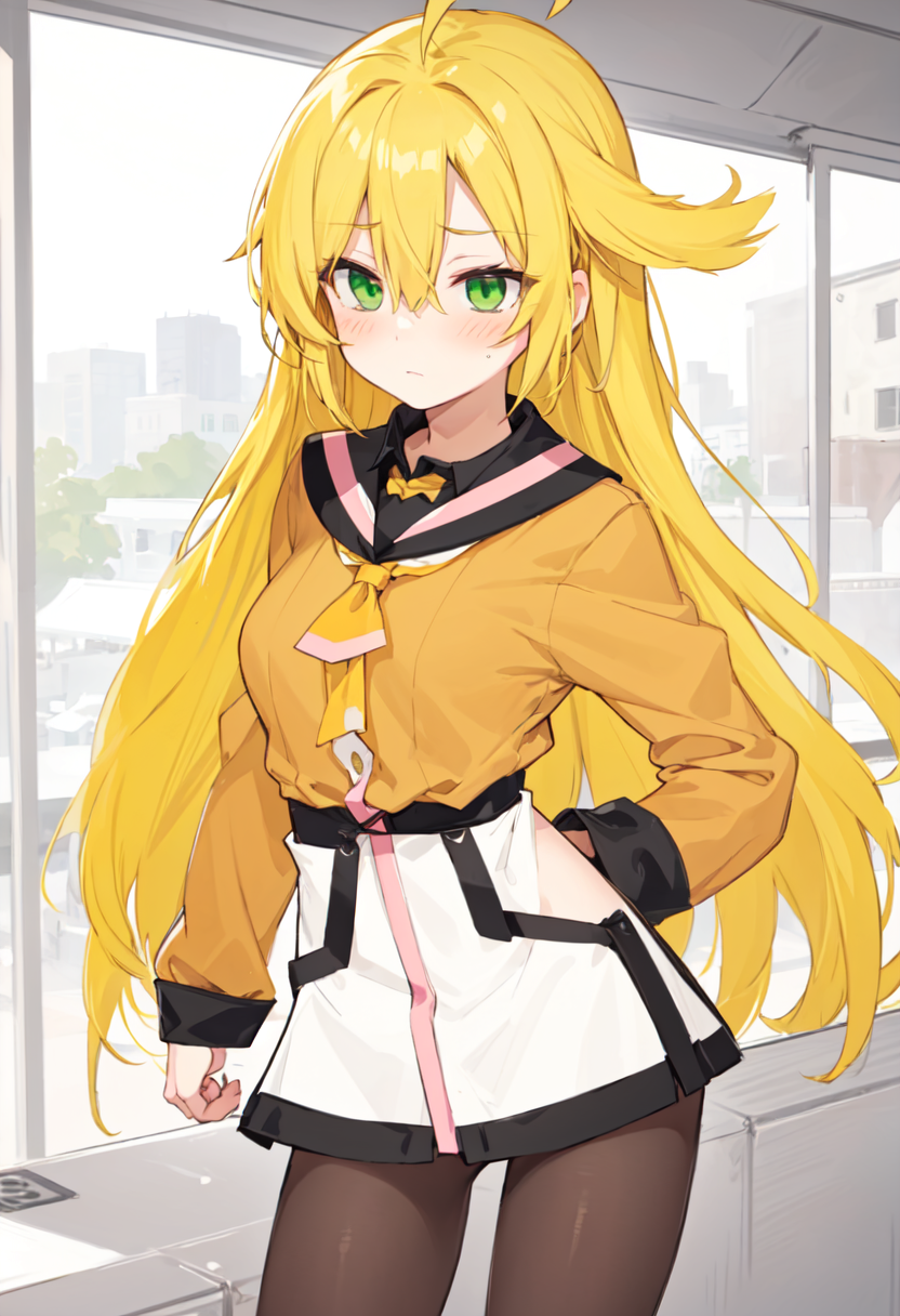 100_percent_orange_juice, 1girl, ahoge, arm_behind_back, ascot, bad_link, bangs, black_pantyhose