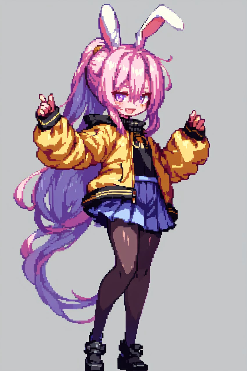 100_percent_orange_juice, 1girl, animal_ears, bad_link, black_footwear, black_pantyhose, black_shirt, blue_skirt