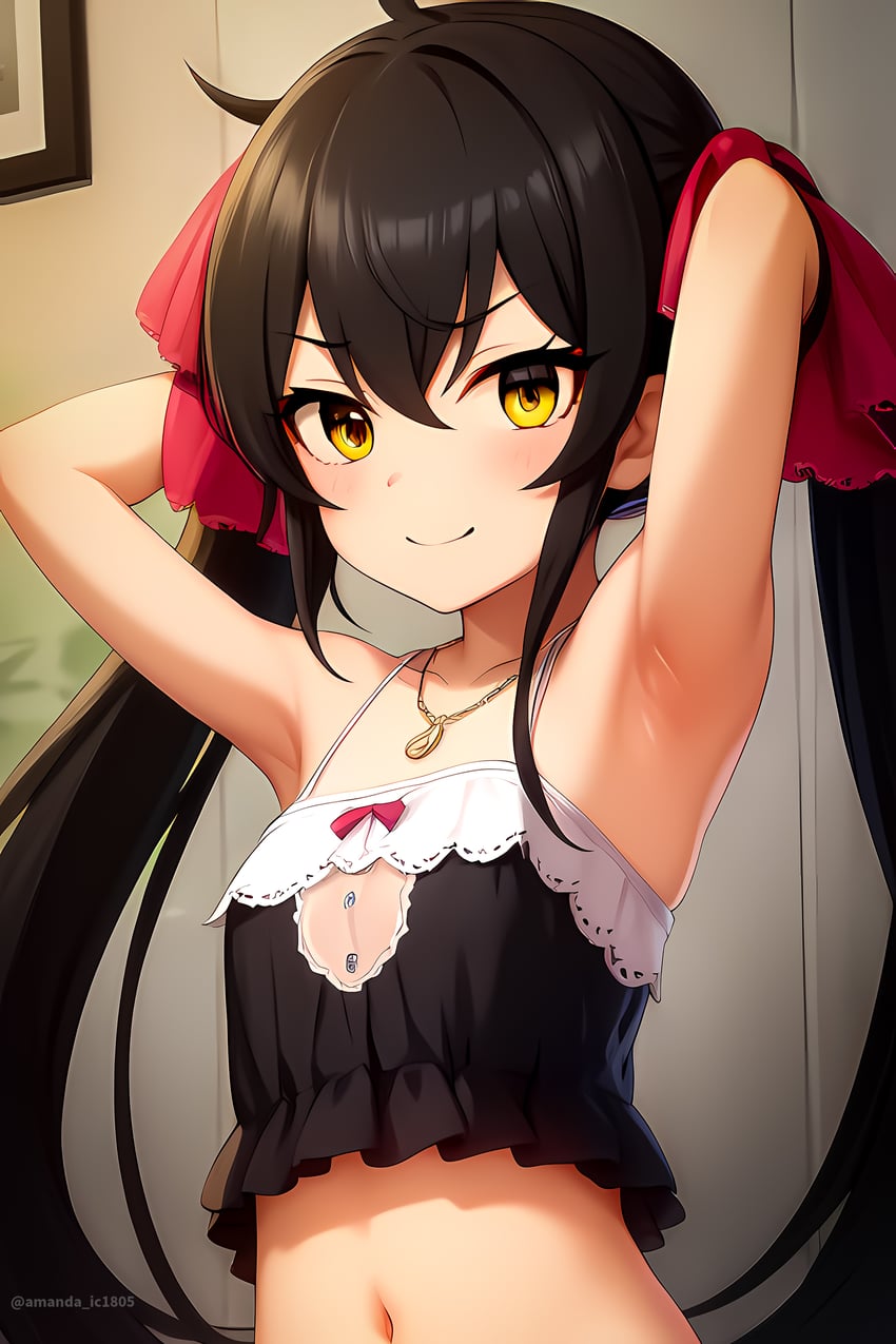 1girl, absurdres, amanda_ic1805, armpits, arms_behind_head, arms_up, artist_name, bare_arms