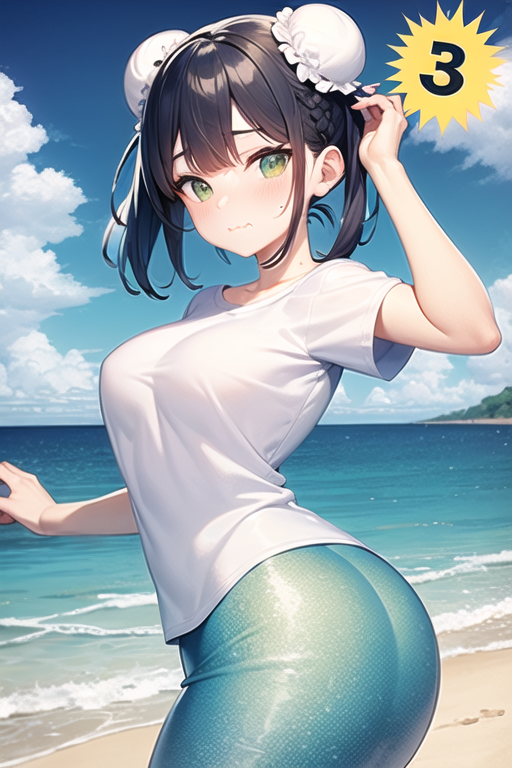 100_percent_orange_juice, 1girl, abyss_orange_mix, ass, beach, black_hair, blue_sky, blush, breasts, bun_cover, cloud, commentary, day, double_bun, green_eyes, hair_bun, looking_at_viewer, lowres, mermaid, monster_girl, ocean, outdoors, shirt, short_sleeves, sky, solo, watty_(orange_juice), white_shirt, yito_(qkrdltkr1111)