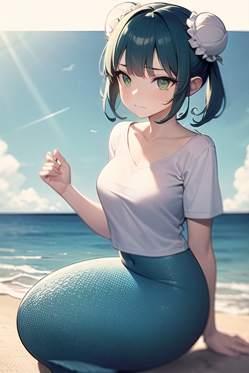 100_percent_orange_juice, 1girl, abyss_orange_mix, bangs, beach, breasts, bun_cover, cloud