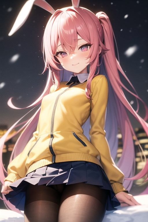 100_percent_orange_juice, 1girl, abyss_orange_mix, animal_ears, bangs, black_pantyhose, blue_skirt, blush