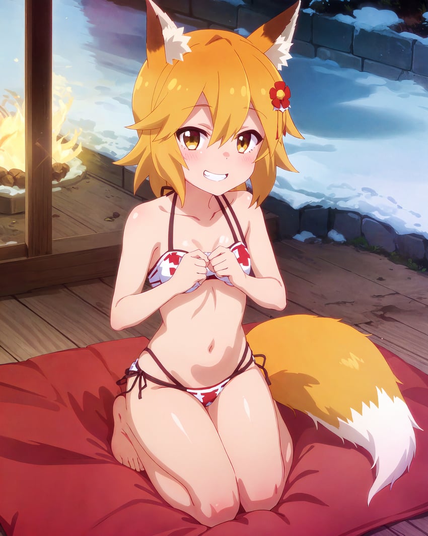 1girl, absurdres, animal_ear_fluff, animal_ears, bare_shoulders, barefoot, bikini, collarbone, commentary, fox_ears, fox_girl, fox_tail, highres, loli, looking_at_viewer, metadata_request, model_request, navel, orange_hair, seiza, senko_(sewayaki_kitsune_no_senko-san), sewayaki_kitsune_no_senko-san, short_hair, sitting, smile, solo, swimsuit, tail, teeth, whirlpai, yellow_eyes