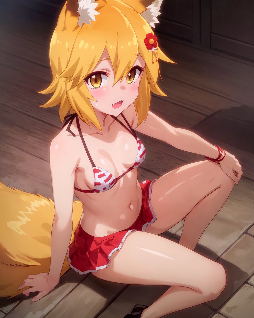 1girl, absurdres, animal_ears, arm_support, bare_shoulders, bikini, blonde_hair, blush, breasts, collarbone, commentary, fox_ears, fox_girl, fox_tail, from_above, hand_on_own_knee, highres, looking_at_viewer, metadata_request, model_request, navel, on_floor, open_mouth, red_skirt, senko_(sewayaki_kitsune_no_senko-san), sewayaki_kitsune_no_senko-san, sitting, skirt, solo, sweatdrop, swimsuit, tail, whirlpai, yellow_eyes