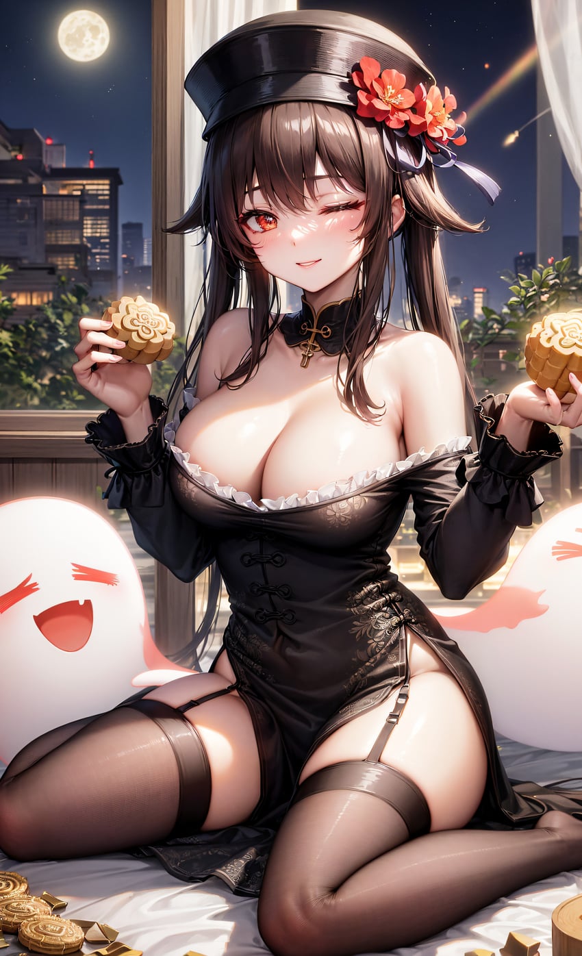 1girl, absurdres, alternate_costume, armpit_crease, bare_shoulders, black_dress, black_headwear, boo_tao_(genshin_impact)