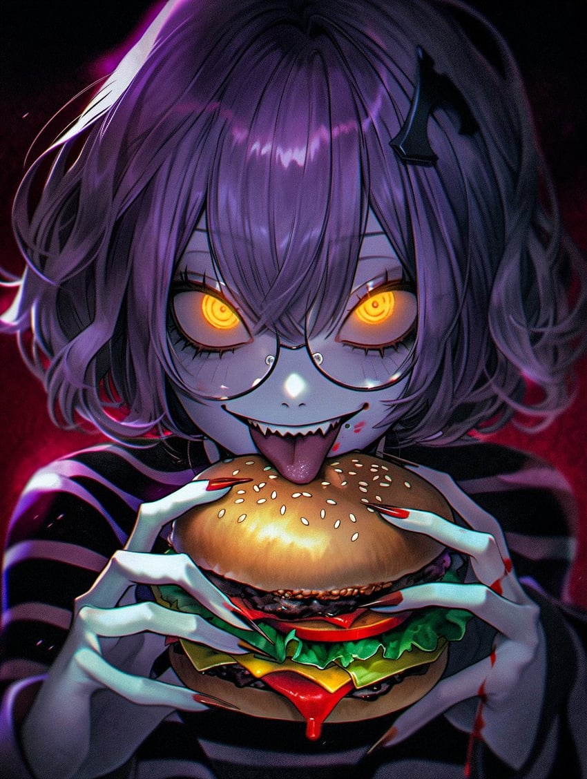 1girl, bangs, black-framed_eyewear, black_background, black_shirt, blue_skin, bread_bun, burger