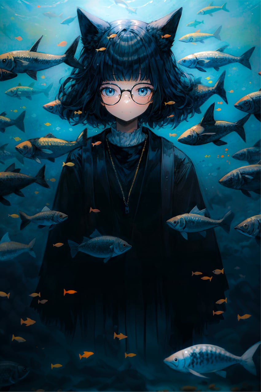 1girl, absurdres, animal_ear_fluff, animal_ears, aqua_background, bangs, black-framed_eyewear, black_hair