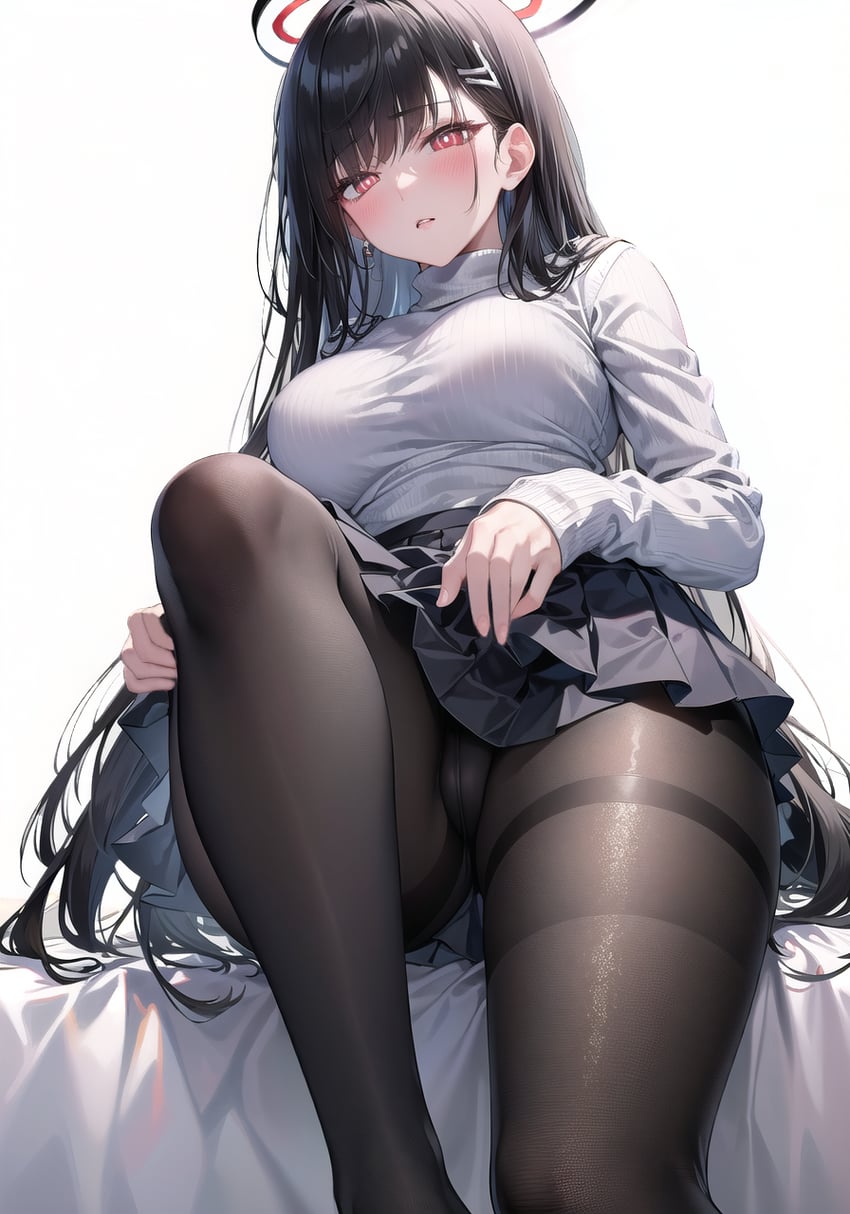 1girl, bangs, black_hair, black_halo, black_panties, black_pantyhose, black_skirt, blue_archive