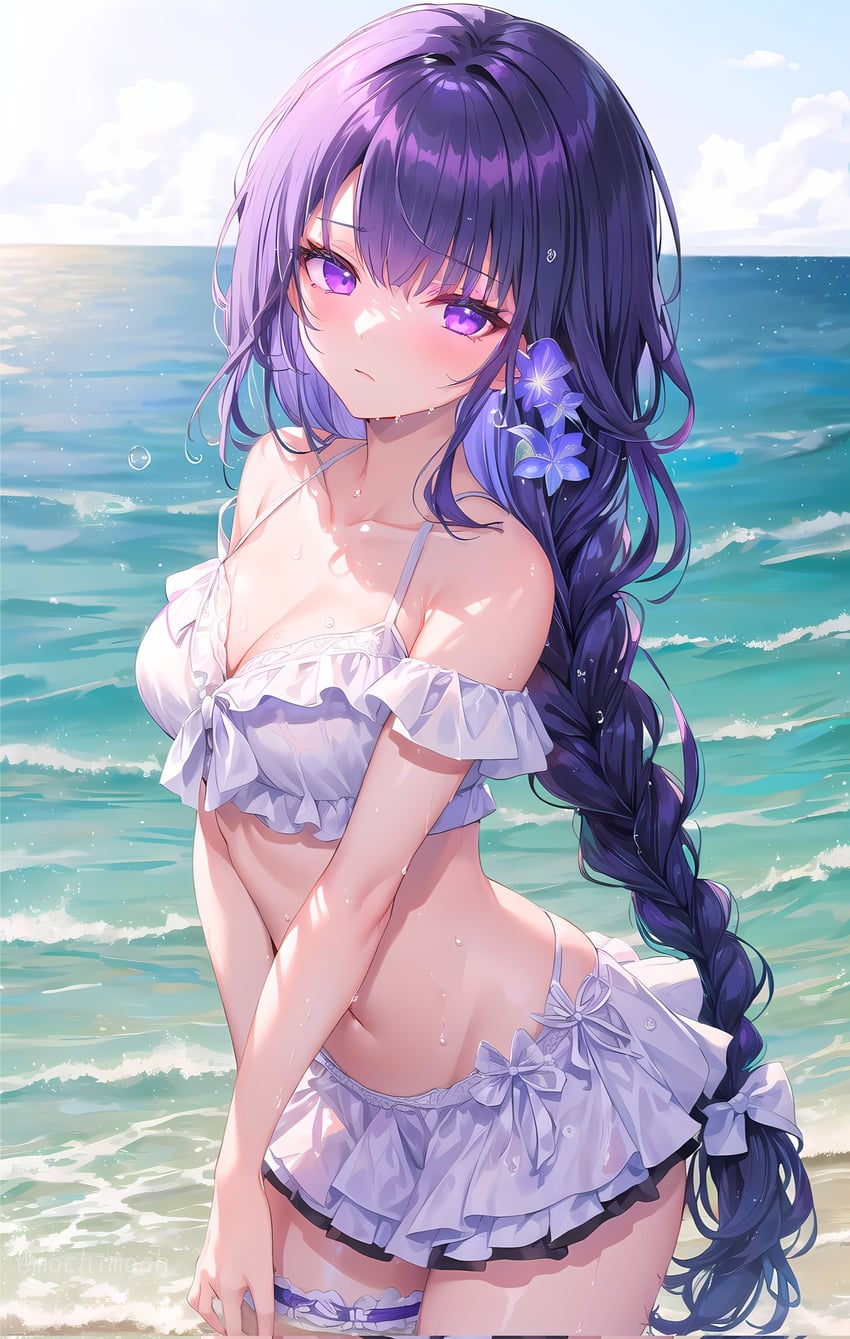 1girl, bare_shoulders, beach, bikini, bikini_skirt, blush, braid, breasts