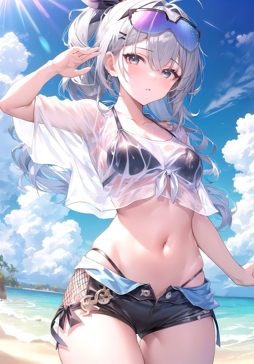 1girl, beach, bikini, bikini_under_clothes, black_bikini, black_shorts, breasts, cloud