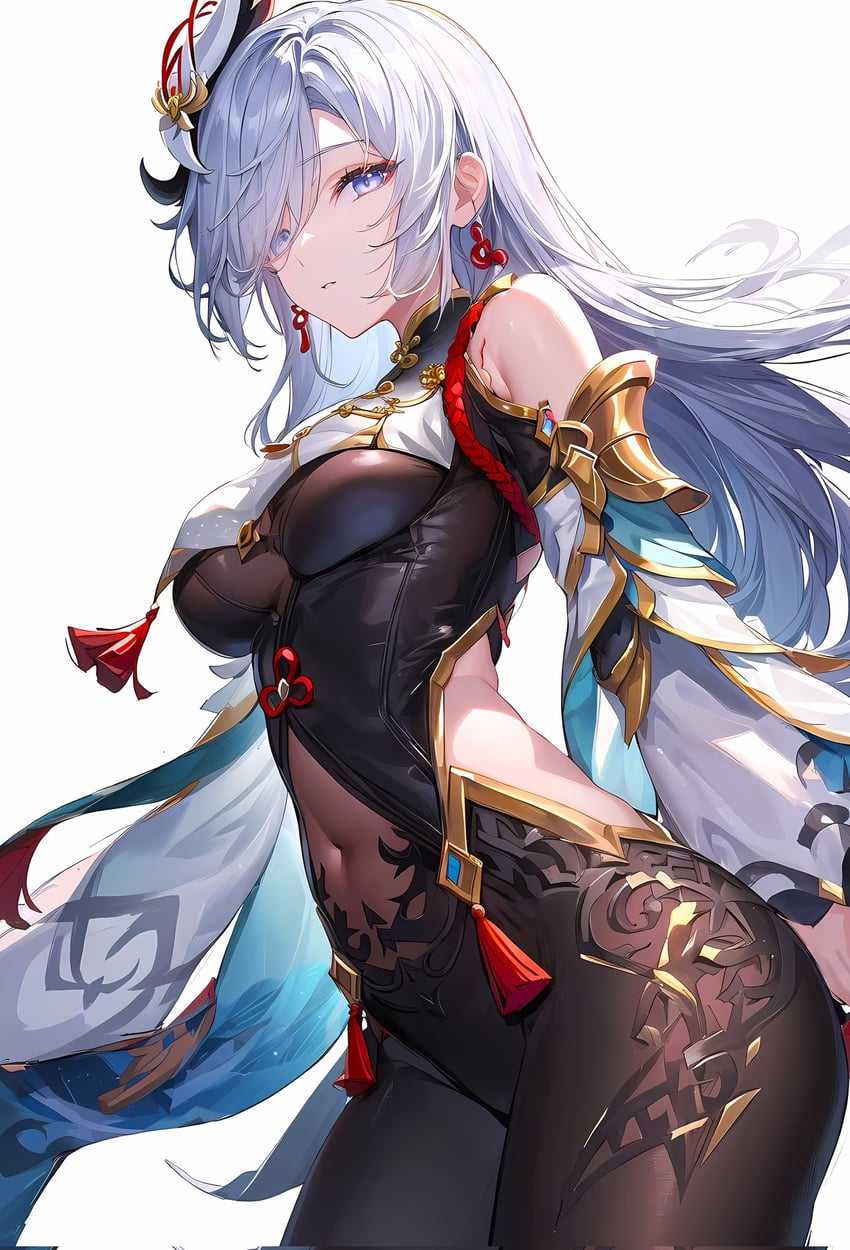 1girl, bangs, bare_shoulders, black_bodysuit, blue_eyes, bodysuit, breast_curtain, breasts