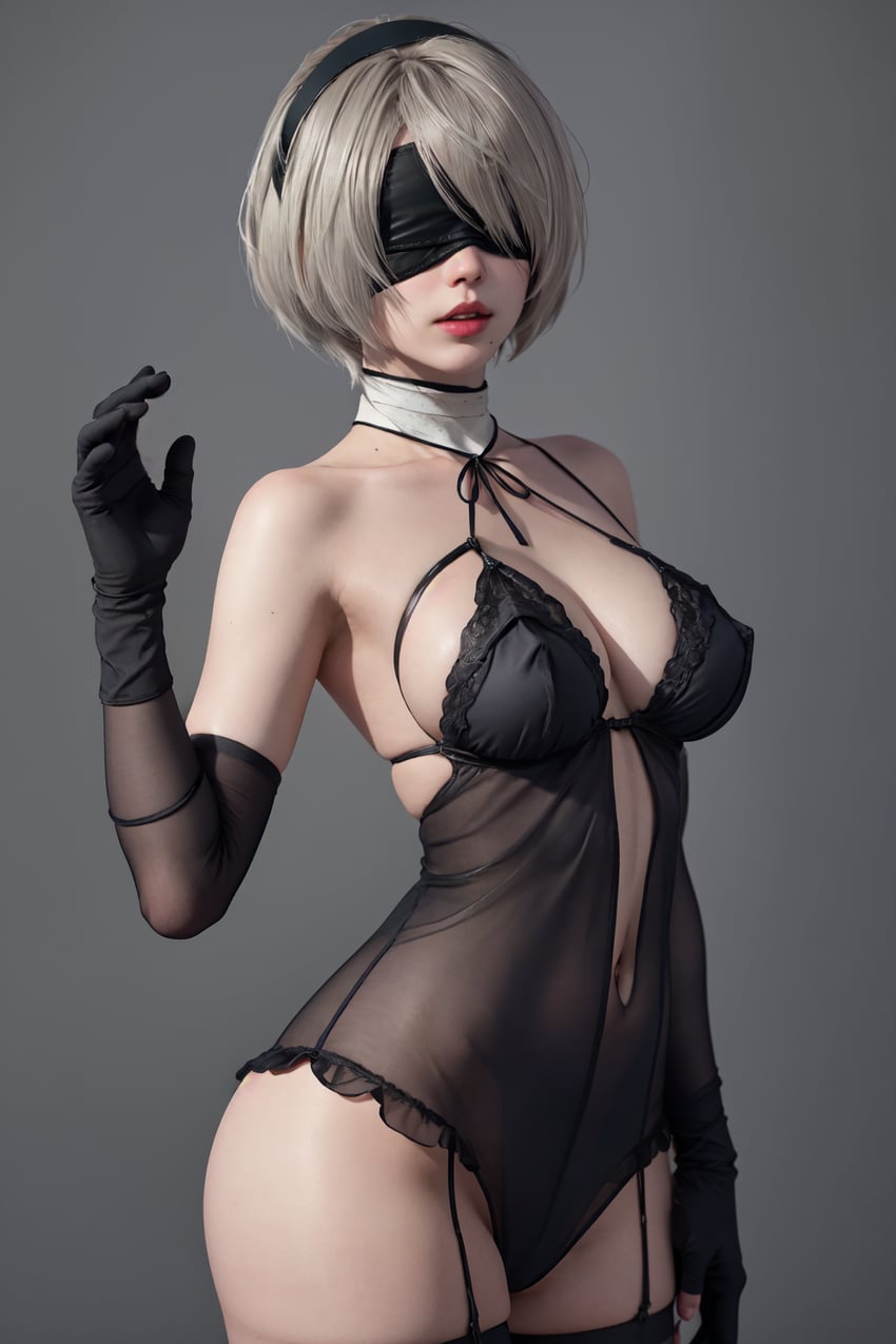 1girl, 2b_(nier:automata), black_blindfold, black_gloves, black_hairband, blindfold, breasts, cleavage
