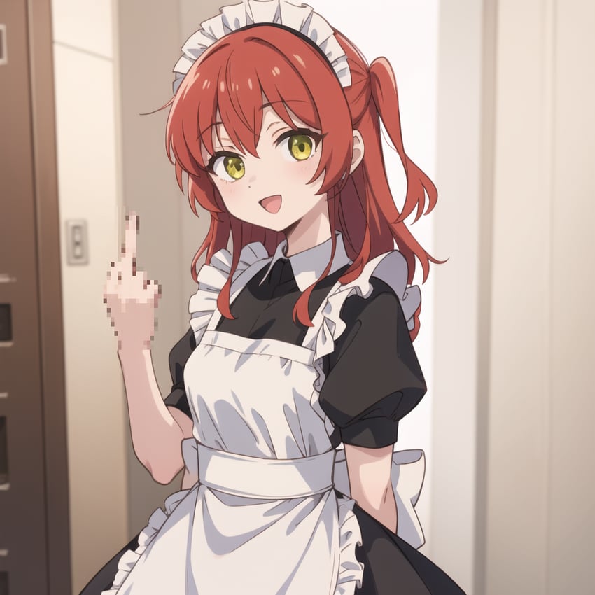 1girl, :d, apron, bangs, black_dress, bocchi_the_rock!, censored, commentary_request, door, dress, frilled_apron, frills, japanese_commentary, kita_ikuyo, long_hair, looking_at_viewer, maid, maid_apron, maid_headdress, metadata_request, middle_finger, model_request, momomomo, mosaic_censoring, one_side_up, open_mouth, pointless_censoring, puffy_short_sleeves, puffy_sleeves, red_hair, short_sleeves, smile, solo, white_apron, yellow_eyes