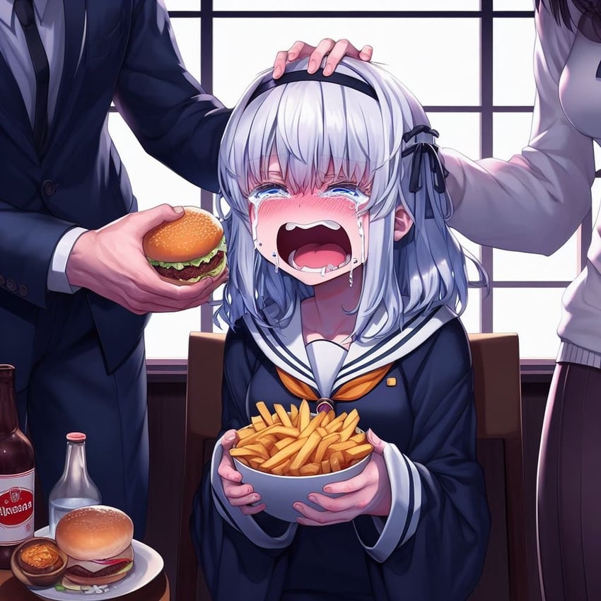 1boy, 2girls, bangs, bel4_t, black_hairband, black_jacket, black_pants, black_ribbon