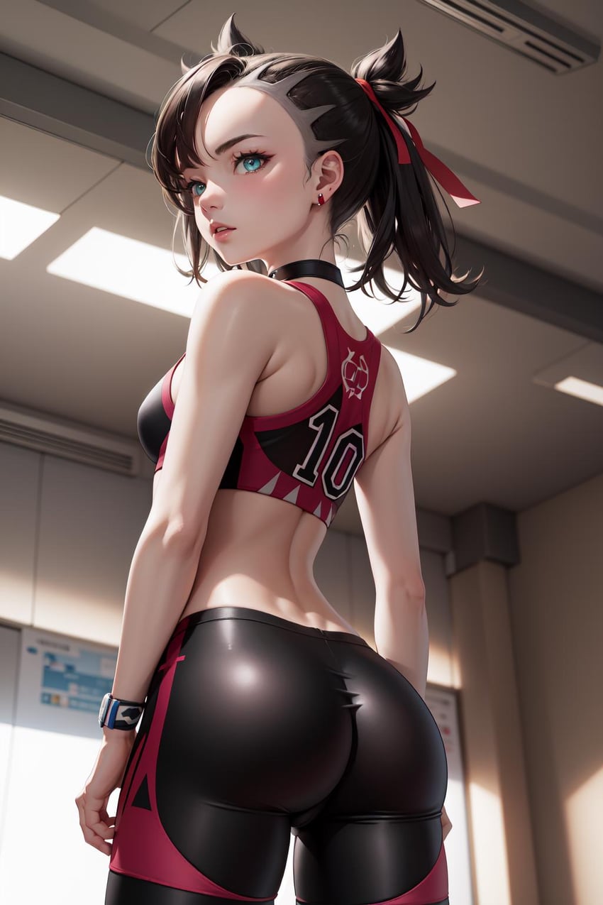 1girl, aqua_eyes, ass, asymmetrical_bangs, bangs, bare_arms, black_choker, black_hair, black_pants, choker, cowboy_shot, earrings, from_behind, hair_ribbon, indoors, jewelry, leggings, looking_at_viewer, looking_back, lora, marnie_(pokemon), medium_hair, midriff, pants, parted_lips, pokemon, red_ribbon, ribbon, solo, sports_bra, sportswear, standing, teeth, tight, tight_pants, toribirdz, twintails, undercut, wristband, yuzu