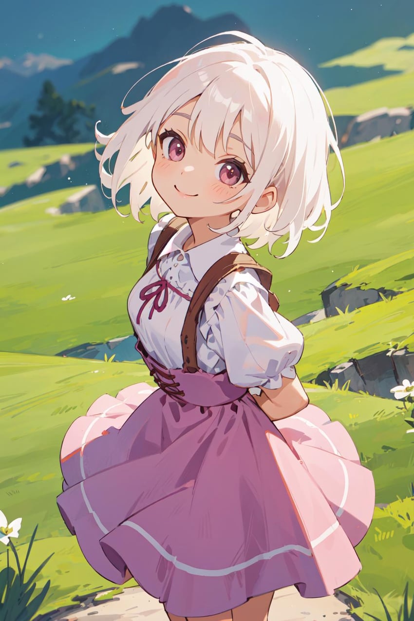 1girl, arms_behind_back, closed_mouth, day, flower, frills, light_blush, lisarfa, looking_at_viewer, medium_hair, original, outdoors, pink_eyes, pink_skirt, pixiemix, puffy_short_sleeves, puffy_sleeves, shirt, short_sleeves, skirt, smile, solo, standing, suspender_skirt, suspenders, white_hair, white_shirt