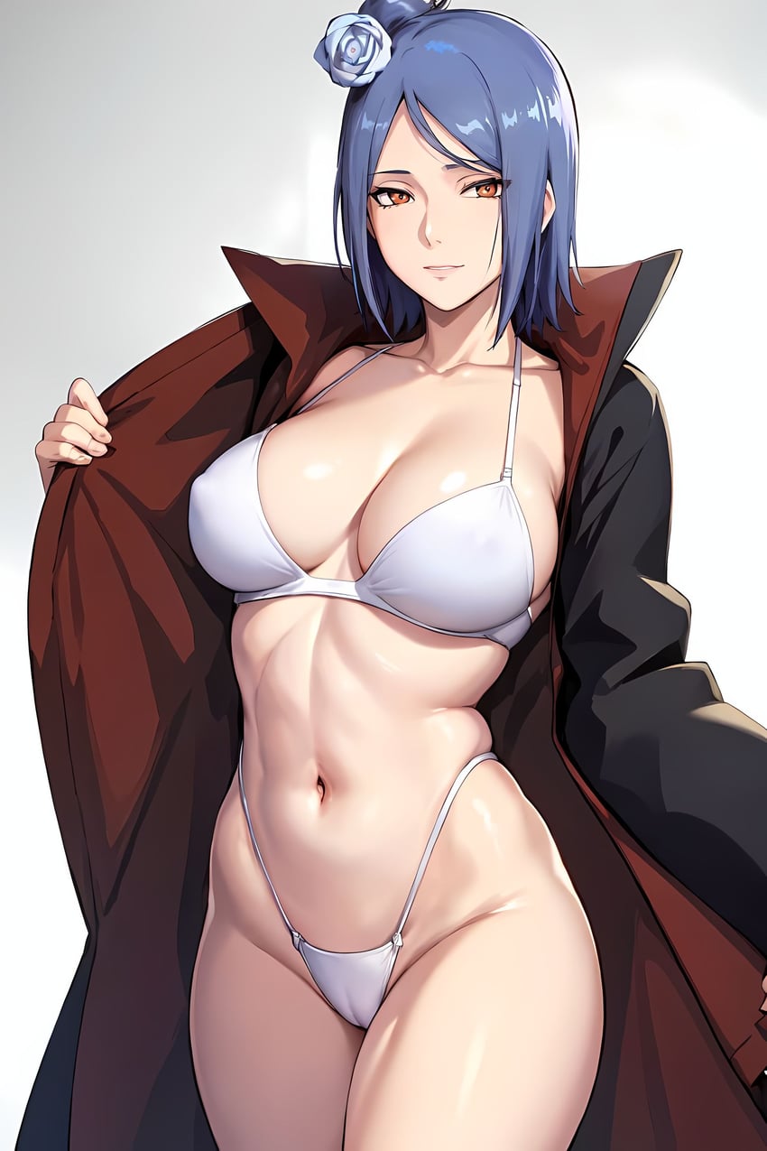 1girl, bikini, black_coat, blue_hair, bra, breasts, coat, collarbone