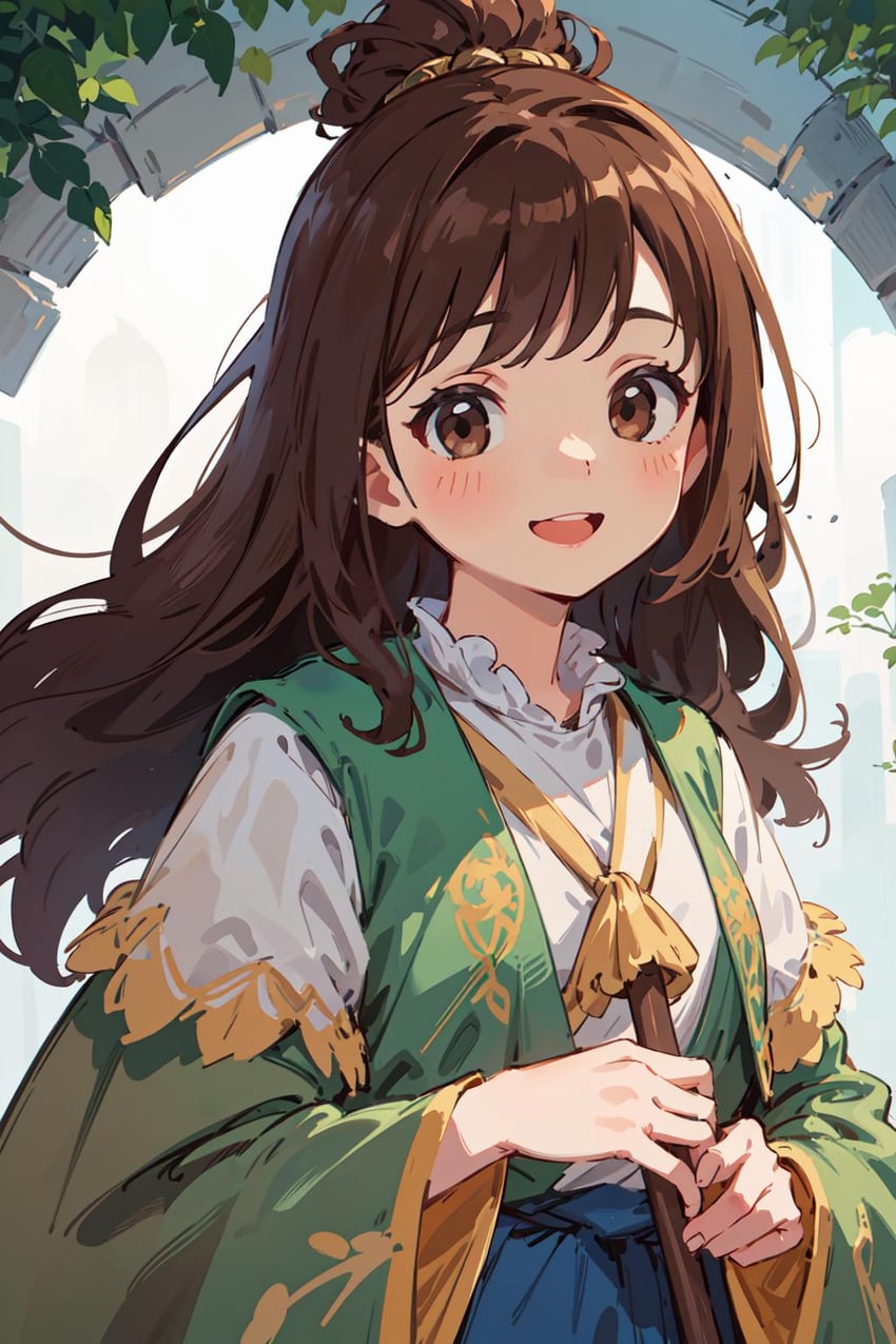 1girl, blush, brown_eyes, brown_hair, dress, hair_bun, leaf, lisarfa