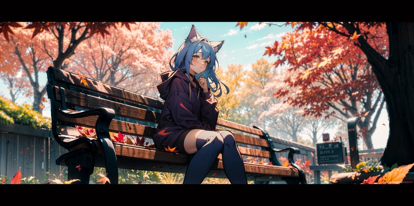 1girl, absurdres, aina_(iodoff), animal_ear_fluff, animal_ears, autumn, autumn_leaves, bench