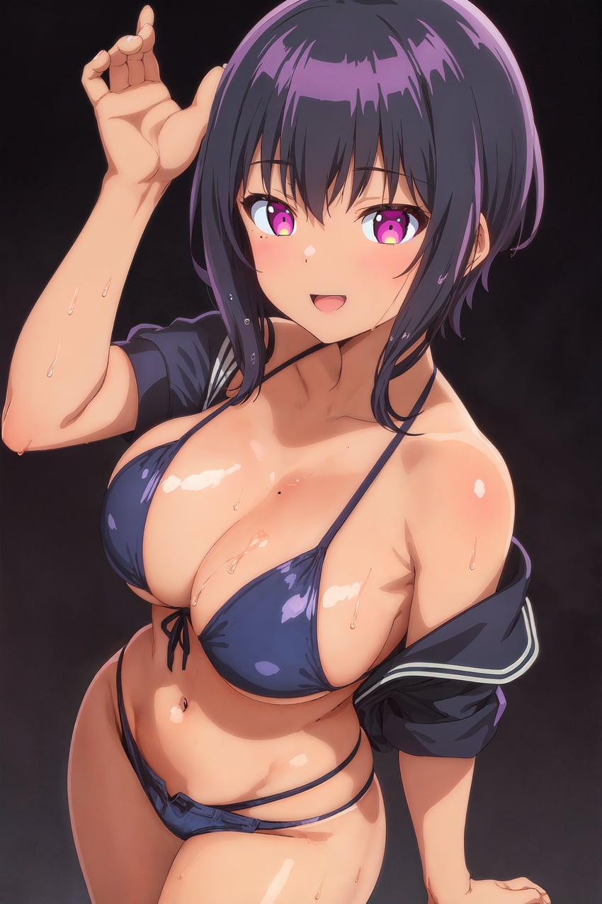 1girl, absurdres, arm_up, bare_shoulders, bikini, black_background, black_hair, blue_bikini