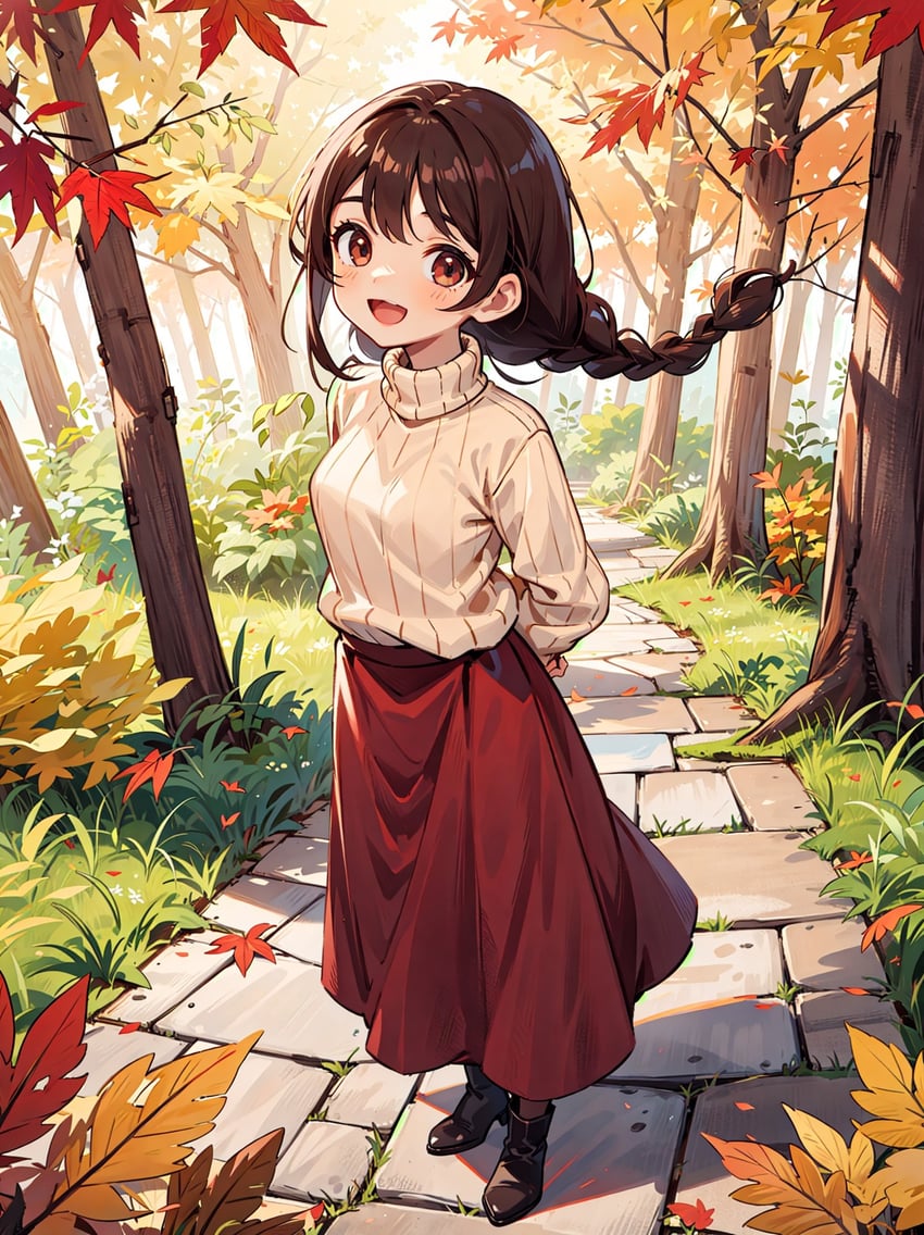 1girl, arms_behind_back, autumn_leaves, black_footwear, braid, brown_eyes, brown_hair, day, forest, full_body, grass, highres, leaf, light_blush, lisarfa, long_hair, long_skirt, long_sleeves, looking_at_viewer, nature, open_mouth, original, outdoors, pixiemix, red_skirt, single_braid, skirt, smile, solo, standing, sweater, tree, turtleneck, turtleneck_sweater