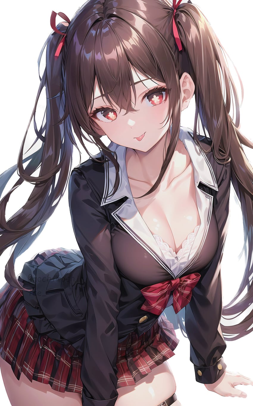 1girl, bangs, black_jacket, bow, bowtie, breasts, brown_hair, cleavage