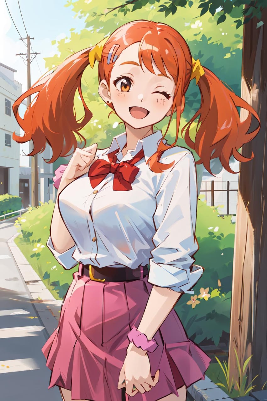 1girl, anjou_naruko, ano_hi_mita_hana_no_namae_wo_bokutachi_wa_mada_shiranai., belt, black_belt, bow, bowtie, breasts, building, collared_shirt, cowboy_shot, grass, hair_ornament, hairclip, light_blush, looking_at_viewer, lora, medium_hair, misspixel, one_eye_closed, open_mouth, orange_eyes, orange_hair, outdoors, pink_skirt, pixiemix, red_bow, school_uniform, scrunchie, shirt, skirt, sleeves_rolled_up, smile, solo, standing, tree, twintails, utility_pole, white_shirt