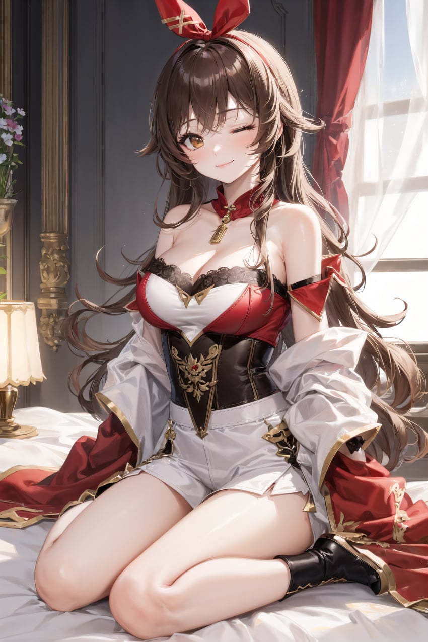 1girl, absurdres, adapted_costume, amber_(genshin_impact), bare_legs, bare_shoulders, black_footwear, black_shirt